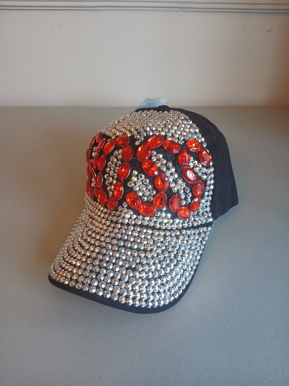 Black Rhinestone & Red Jeweled BOSS Embellished Baseball Cap OS New!